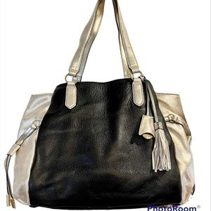 G.I.L.I. Vinzia Black and Metallic Gold Leather Shopper Shoulder Bag GILI NWOT